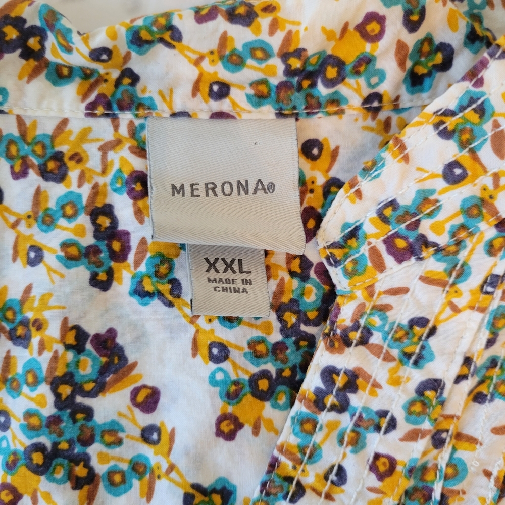 Merona Womens Floral Tunic Smocked Button Front V-neck Shirt XXL - Picture 9 of 14